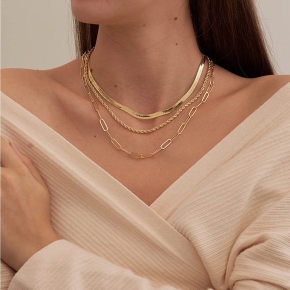 Jewelry - GOLD 14k Gold Plated 3pc Paperclip Herringbone Necklace Set